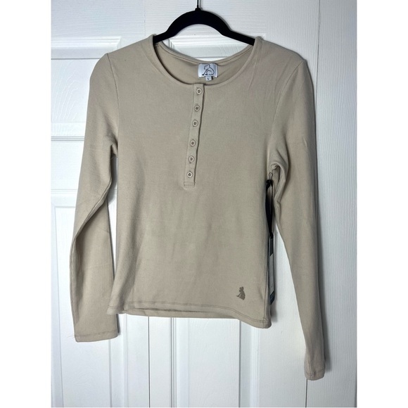 Kuwalla Cafe Latte Beige Ribbed Knit Henley Long Sleeve Top Stretch Size Large - Picture 3 of 5